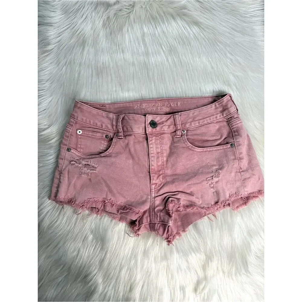 American Eagle Pink Stretch Demin Distressed Cut Offs